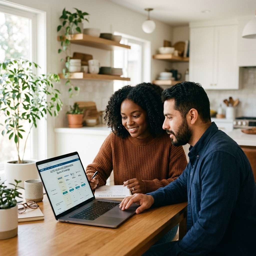 Couple reviewing auto insurance options together on a laptop